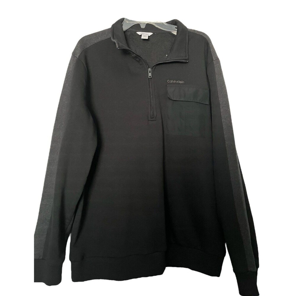 Calvin Klein Men's Fleece Jacket Quarter Zip Black Gray Stripe Pullover Size XL